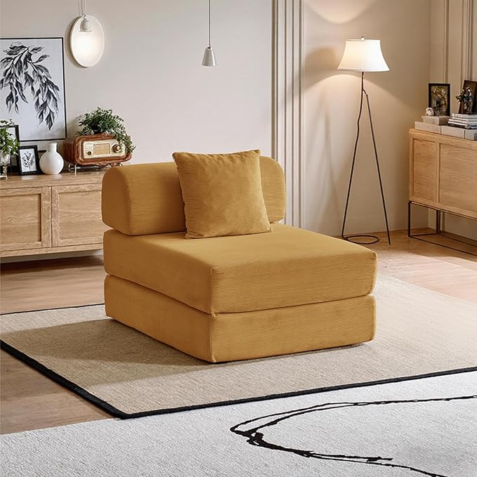 31.5'' Convertible Compressed Corduroy Folding Cloud Sofa Bed, Modern Boneless Pull Out Sleeper Sofa Couch in a Box, 3 in 1 Portable Lazy Floor Lounge Chair, for Small Space, Yellow, Pillow, Single