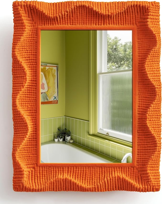 Small Decorative Mirror for Desk Makeup and Art Gallery Decor, 9.5x7.5 Funky Wall Mirror with Cozy Flocking Touch, Modern Accent for Pastel Themed Room Studio Apartment (Orange)