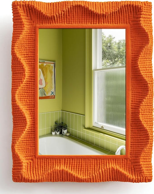 Small Decorative Mirror for Desk Makeup and Art Gallery Decor, 9.5x7.5 Funky Wall Mirror with Cozy Flocking Touch, Modern Accent for Pastel Themed Room Studio Apartment (Orange)