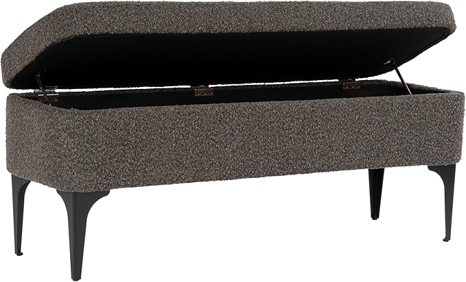 HomePop Upholstered Storage Bench with Metal Leg, 42" W, Dark Brown Boucle