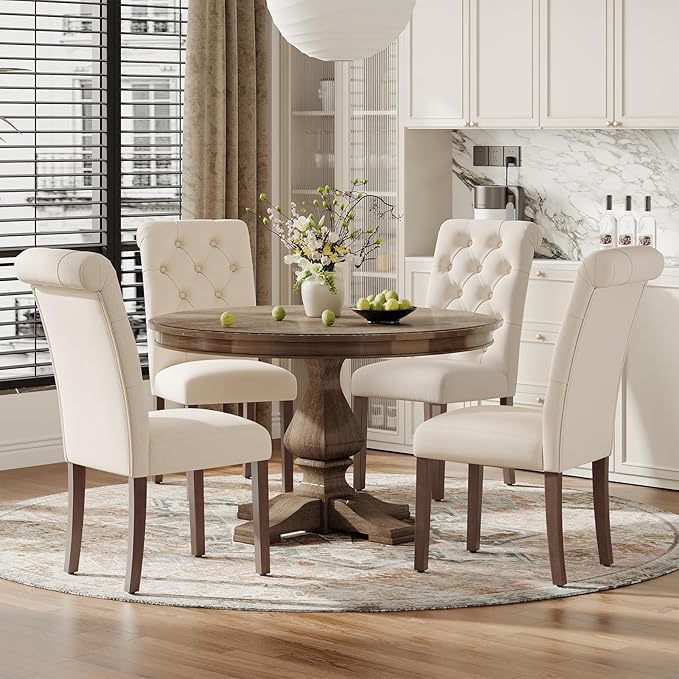 Upholstered Tufted Dining Room Chairs Set of 2, Parsons Kitchen Chairs with Padded Seat and Solid Wood Legs, Fabric Accent Side Diner Chair for Dining Room/Kitchen/Living Room, Beige