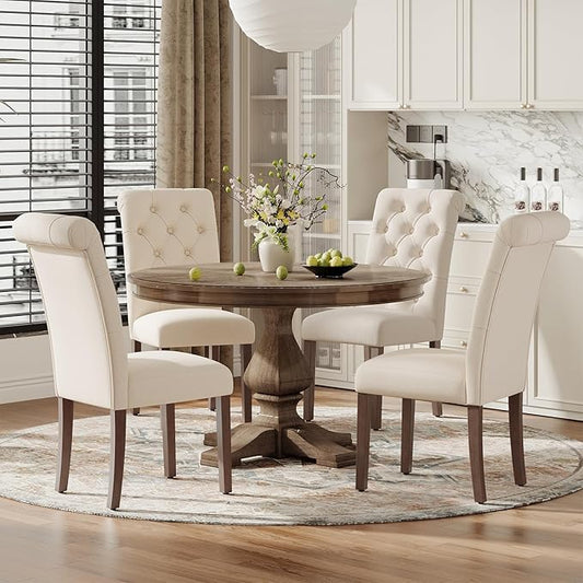 Upholstered Tufted Dining Room Chairs Set of 4, Parsons Kitchen Chairs with Padded Seat and Solid Wood Legs, Fabric Accent Side Diner Chair for Dining Room/Kitchen/Living Room, Beige