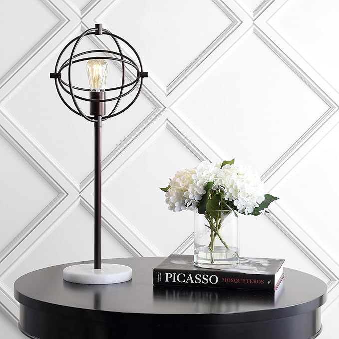 JONATHAN Y 26.5" Oil Rubbed Bronze Atomic Caged LED Table Lamp, Industrial Modern Metal Desk Lamp with White Marble Base for Living Room Bedroom, LED Bulb Included JYL1091A