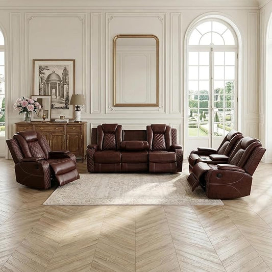 Power Recliner Sofa Set, Air Leather Reclining Couch with LED, 3 Pieces Reclining Living Room Furniture, Burgundy Leather Sofa and Loveseat Chair for House/Apartment/Office