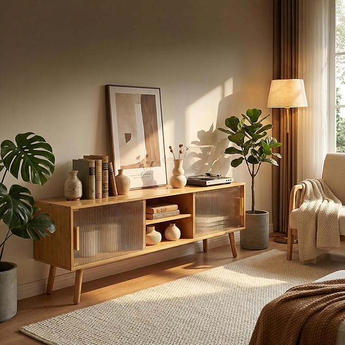 Bamboo TV Stand Entertainment Center- Mid-Century Modern Television Stand for 55-65 inch TVs, Bamboo Media Console Table, Open Storage Shelves for Living Room, Bedroom and Home Decor