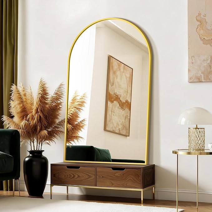 FICTOR Bathroom Vanity Mirror for Wall,50”x30” Large Arched Bathroom Mirror, Metal Framed with HD Shatter-Proof Glass for Entryway, Living Room,Bedroom, Wall Mounted or Leaned Against(Gold)