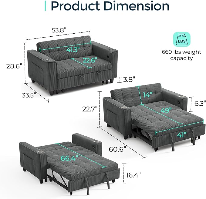 LINSY 54" Pull Out Couch with Charging Station - Sleeper Sofa Bed with Cup Holder, Small 3 in 1 Convertible Loveseat Sleeper Couch for Apartment, Dorm Room, Bedroom and Small Space, Dark Gray