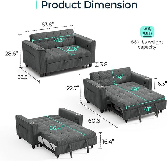 LINSY 54" Pull Out Couch with Charging Station - Sleeper Sofa Bed with Cup Holder, Small 3 in 1 Convertible Loveseat Sleeper Couch for Apartment, Dorm Room, Bedroom and Small Space, Dark Gray