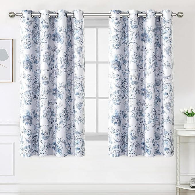 H.VERSAILTEX Blackout Curtains 63 Inch Length 2 Panels Set Floral Print Curtain Drapes for Living Room Thermal Insulated Grommet Window Curtains for Bedroom - Traditional Floral in Storm Blue