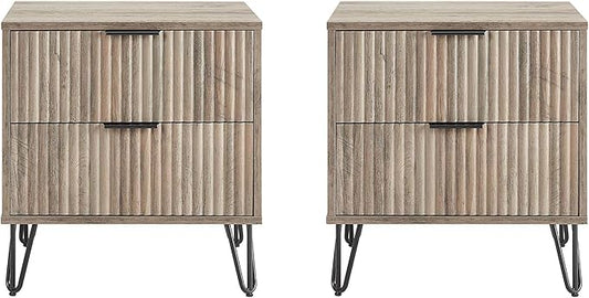 Manhattan Comfort Dumbo Modern Nightstand 2.0 with 2 Metal Feet | Splayed Gold Legs | Vertical Ribbed Design | No Tool Assembly Storage for Bedroom, Set of 2, Rustic Grey