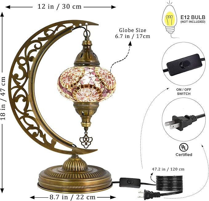 Mozaist Turkish Mosaic Moon Shape Table Lamp, Moroccan Vintage Crescent Bohemian Handmade Bedside Light, Rustic Dining Room, Study Room, Office Decorative Lighting, Unique Turkish Gift (Lavender)