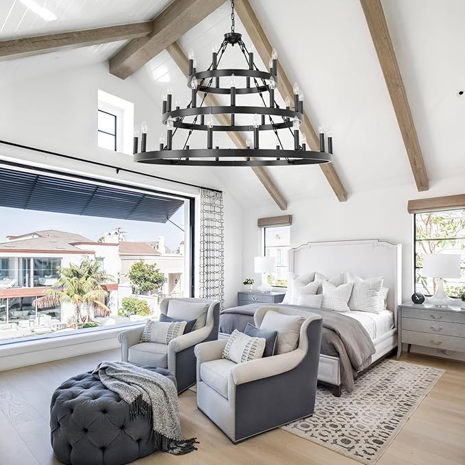48 Inch Extra Large Black Wagon Wheel Chandelier, 3 Tier 36-Lights Farmhouse Pendant Light Fixture, Horse Wheel Lamp for High Ceiling Living Room, Dining Room, Hall, Porch, Stairs, Entrance, Passage