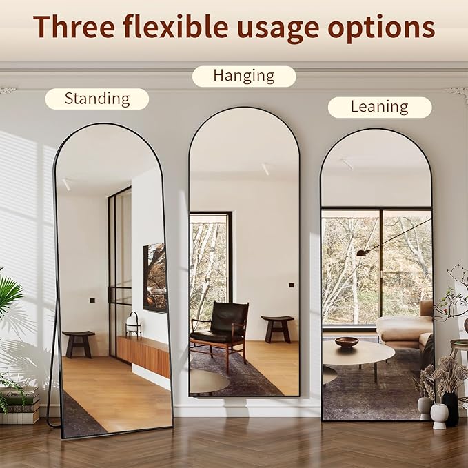 64"x21" Arched Mirror Full Length, Standing Floor Mirror, Wall Mounted Mirror with Aluminum Frame - for Standing, Leaning or Hanging, for Living Room Dressing Room, Black