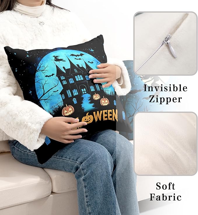 Halloween Pillow Covers 18x18 Set of 2 Witch Castle Throw Pillow Covers Horror Full Moon Night Pillow Case Bat Ghost Pumpkin Cushion Case for Holiday Party Home Decor Couch Sofa