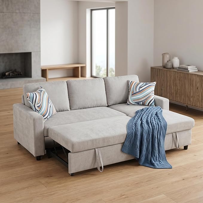Pull Out Couch, L Shaped Sectional Couch with Pull Out Bed, Convertible Sofa Bed with Storage Chaise, Queen Size Sleeper Sofa, Sofa Bed Couch, Sleeper Sofa with Storage, Gray