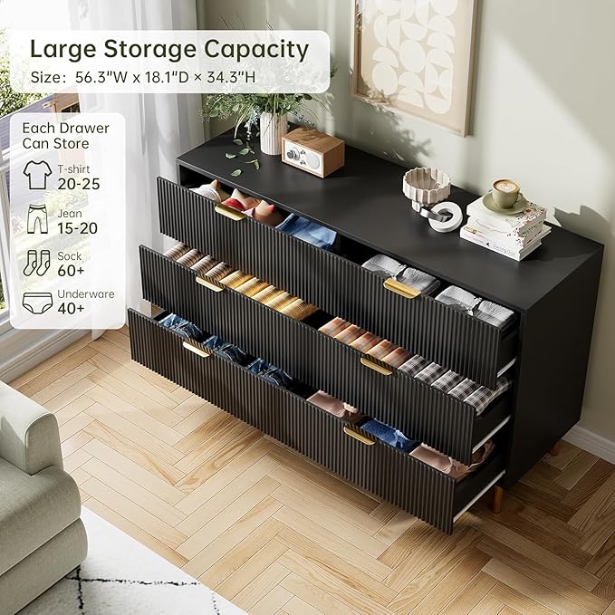 IDEALHOUSE Black Dresser, Modern 6 Drawer Dresser for Bedroom with Gold Handle and Large Drawer, Wood Double Chest of Drawers and Storage Organizer for Living Room, Hallway, Entryway