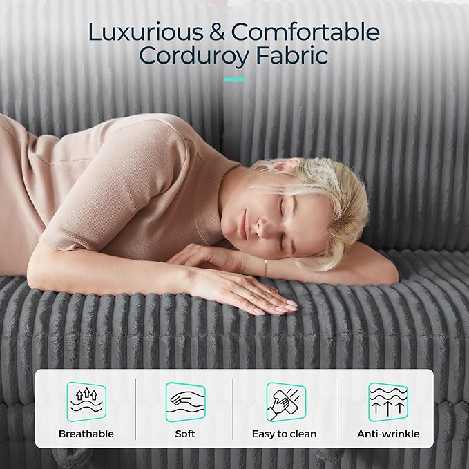LINSY HOME Sectional Sleeper Sofa Pull Out Couches for Living Room (Grey, Sleeper Sofa 4) | Pull Out Sofa Bed, Storage, USB Charging, Cup Holders, Plush Corduroy | Pull Out Sofa Bed, Storage, USB Charging, Cup Holders, Plush Corduroy