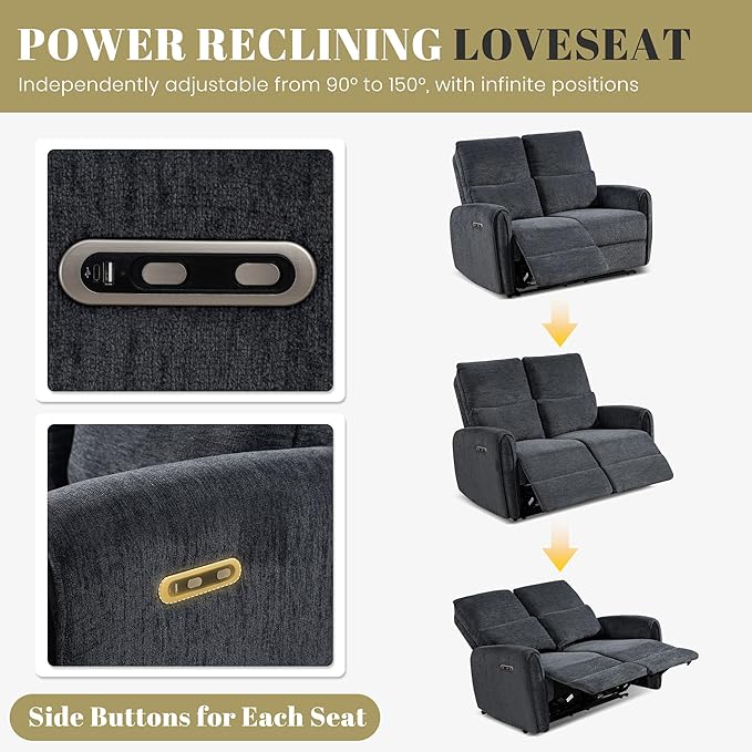 53.5" Zero Wall Hugger Power Reclining Loveseat Sofa with USB & Type-C Ports, Electric Recliner Loveseat with Lumbar Pillows, Small Space Wall Hugger Reclining Couch for Living Room & RV (Dark Grey)