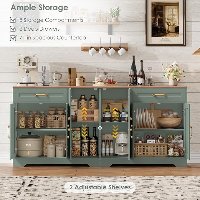 71” Large Sideboard Buffet Cabinet with Storage, Farmhouse Kitchen Buffet Cabinet with Adjustable Shelves and 6 Barn Doors, Wood Coffee Wine Bar Console Table for Kitchen, Dining Room, Green