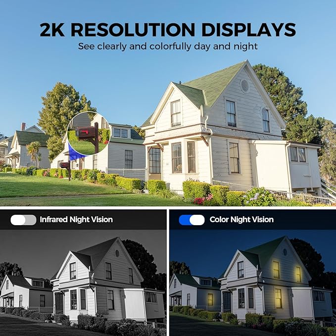 2K 2.4g WiFi Security Cameras Wireless Outdoor, 360° View Solar Cameras for Home Security, Color Night Vision, AI Detection, 2-Way Audio, Spotlight Siren Alarm, SD/Cloud Storage