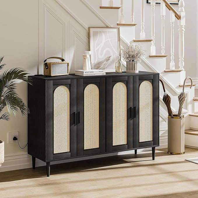 Rattan Sideboard Buffet Cabinet, Boho Accent Storage Cabinet, 4 Doors Console Table Coffee Bar with Power Outlet, Adjustable Shelves for Kitchen, Dining Room, Hallway, Living Room