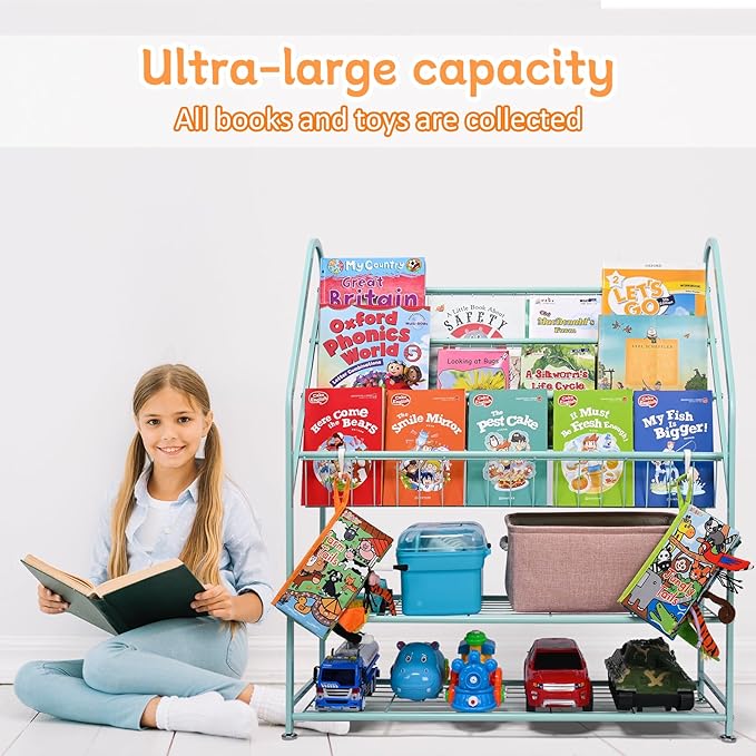 Kids Bookshelf Toy Storage, Bookcase Shelf for Children Room, 5-Tier Large Metal Cabinets Shelves Display, Freestanding Books Store Library, Bed Living Room Bins Organizer (Large, Green)