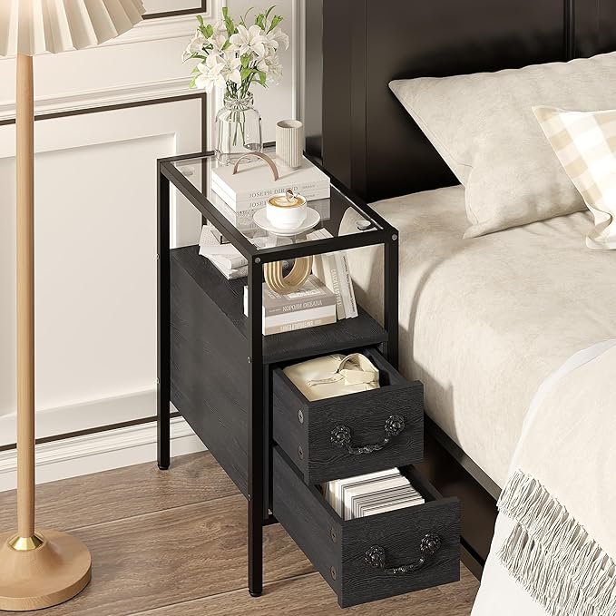 VECELO Narrow Side Table, Night Stand Sofa Table with Glass Top,Bedside End Tables with Storage Drawers,Wood Nightstand for Small Spaces Living Room Bedroom,Black