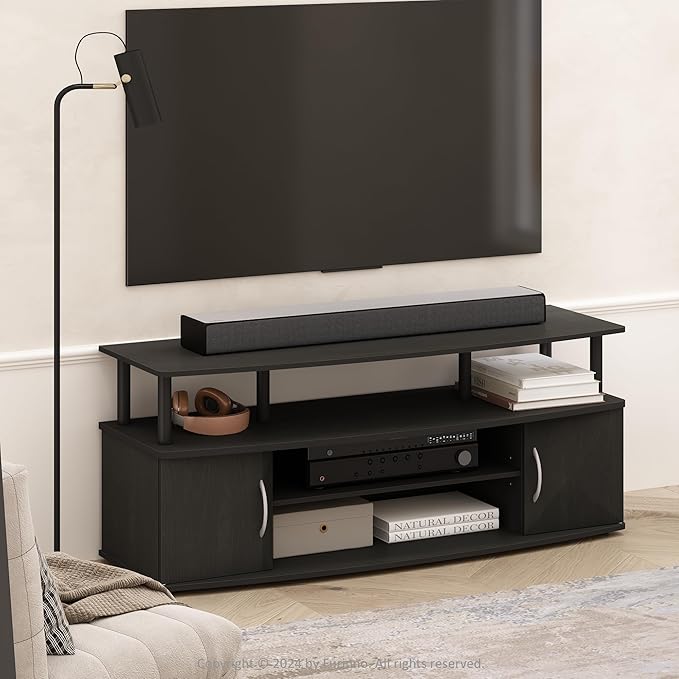 Furinno Jaya TV Stand, Entertainment Center, TV Console, for TV up to 55 Inch, with 2 Doors and Cable Management Holes, for Living Room, Bedroom, Darkwood