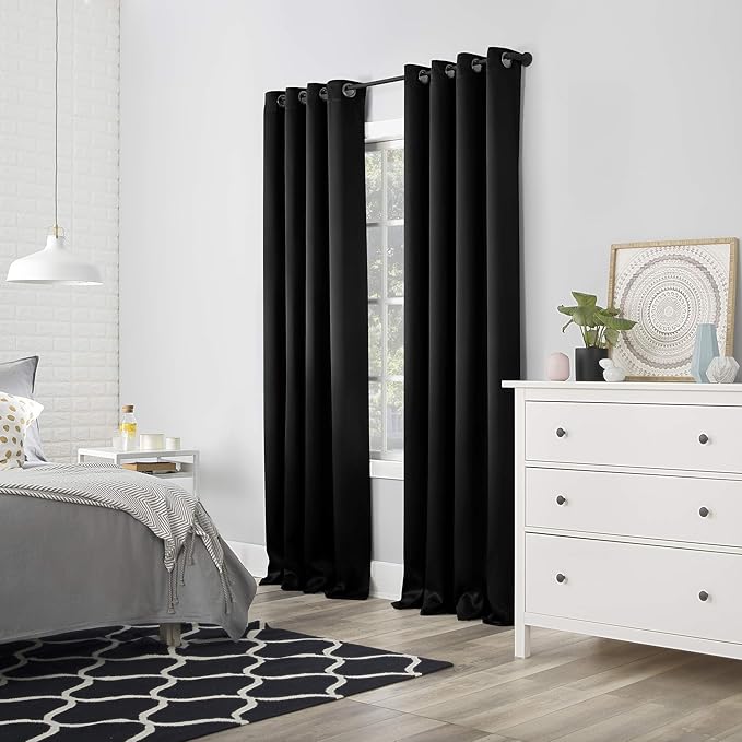 Sun Zero Nordic 2-pack Theater Grade Extreme 100% Blackout Grommet Curtain Panel Pair, 52" x 84", Black