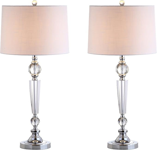 JONATHAN Y 30.5" Clear Crystal Table Lamp Set of 2 for Living Room Bedroom, Modern Glam Candlestick Lamp with Chrome Base and White Linen Drum Shade, LED Bulbs Included JYL2048A-SET2