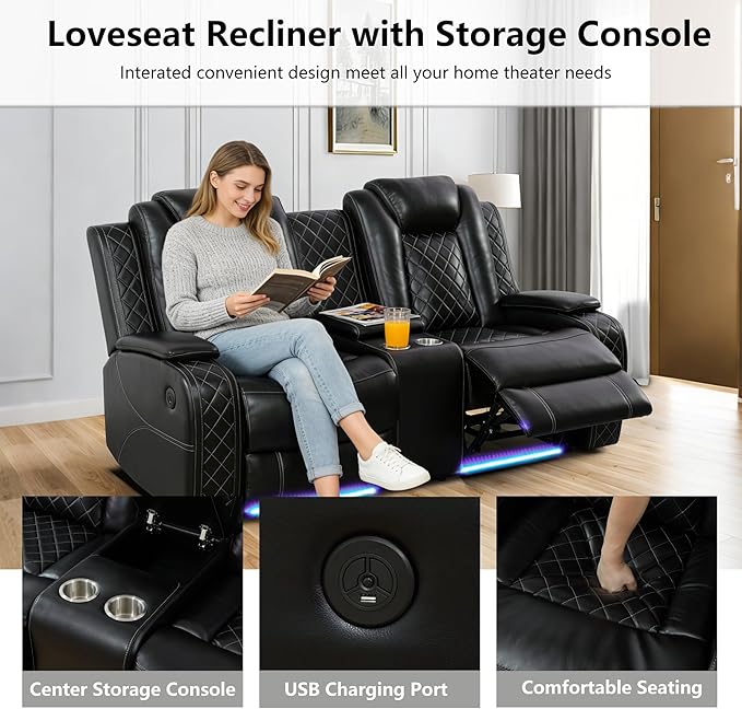 Power Recliner Sofa and Loveseat Set, Breathing Leather Living Room Set, 2 Piece Reclining Couch Set with LED Lighting/Cup Holders/Storage/USB Port (Black)