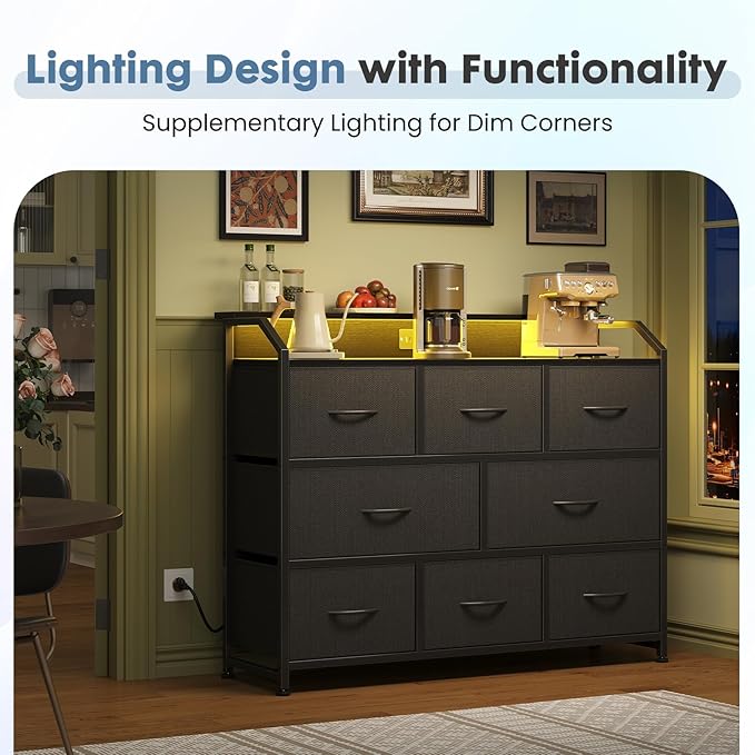 DUMOS TV Stand Dresser with 8 Fabric Drawers, 8-Drawer Chest of Drawers with APP Control LED Lights and Type-C Charging Station, Fabric Storage Tower TV Stand for Living Room, Black
