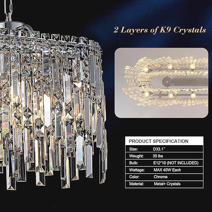 Rectangular Crystal Chandelier for Dining Room Modern Chrome Chandelier Linear Rectangle Pendant Light Fixtures for Kitchen Island L33” K9 Luxury Long Chandelier for Living Room