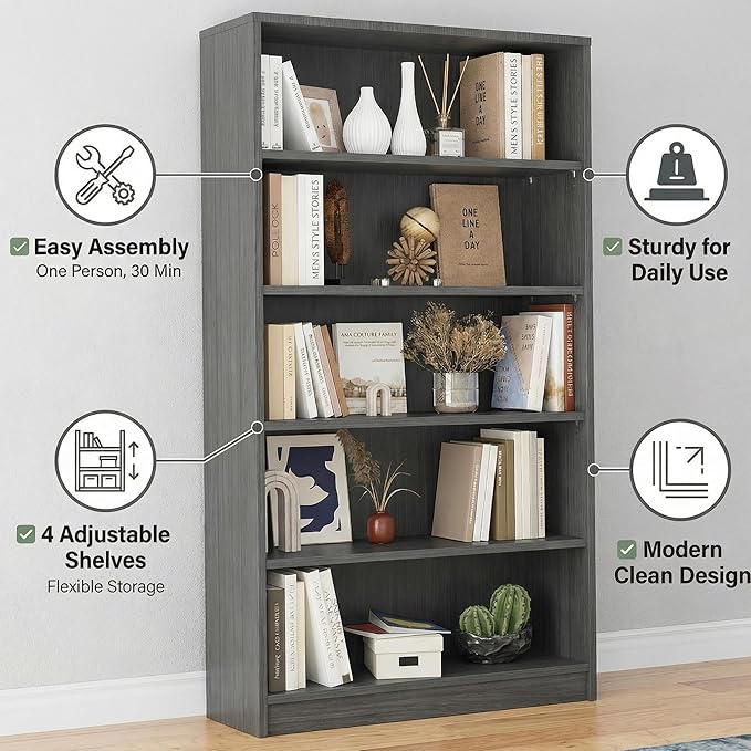 5 Tier Wooden Bookshelf, 60" H Tall Book Shelf with Adjustable Shelves, 33" Wide Bookshelf for Office, Living Room