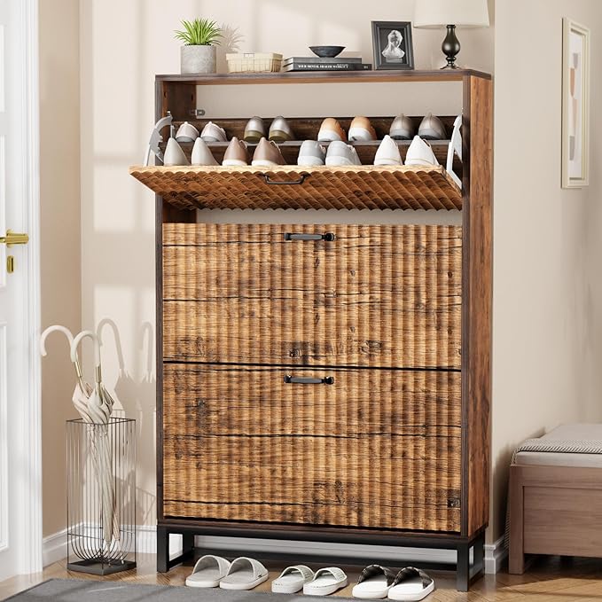 Nicetree Shoe Cabinet Storage for Entryway- Modern Fluted Shoe Organizer 3 Flip Drawers & 3-Tier Adjustable Shelves, Farmhouse Modern Rustic Shoe Rack with Metal Legs for Hallway Foyer Brown