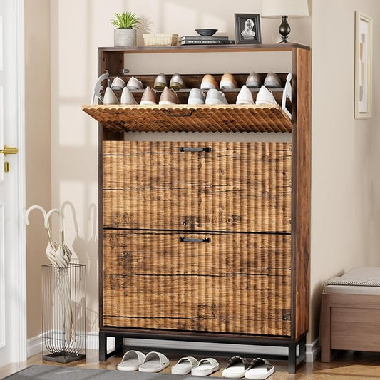 Nicetree Shoe Cabinet Storage for Entryway- Modern Fluted Shoe Organizer 3 Flip Drawers & 3-Tier Adjustable Shelves, Farmhouse Modern Rustic Shoe Rack with Metal Legs for Hallway Foyer Brown