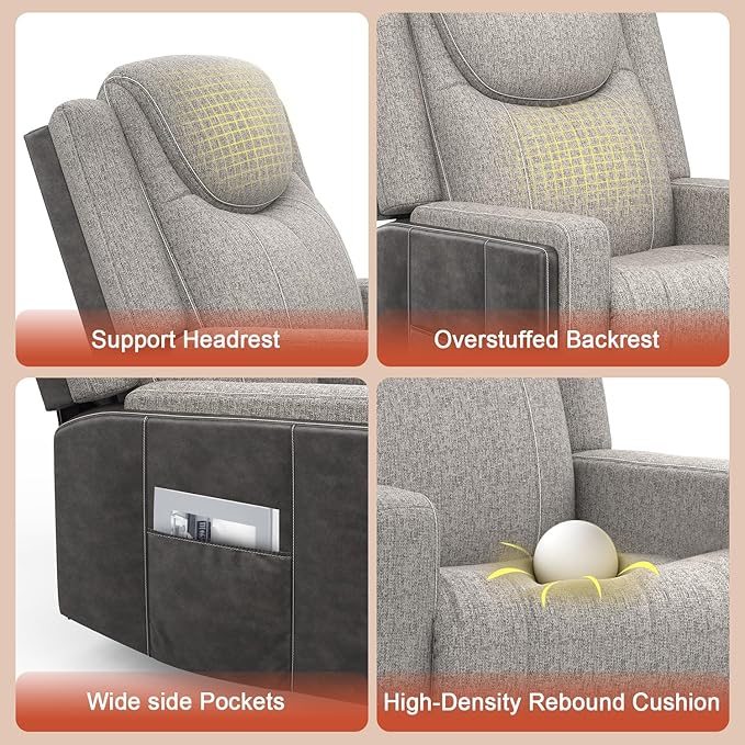 Dresegmt Oversize Manual Recliner Chair for Adults, Extra Wide Single Reclining Sofa Chair with Ergonomic, FSC Certified, Grey Linen-Blend & Chocolate Leather Scandinavian Chic for Living Room, RV