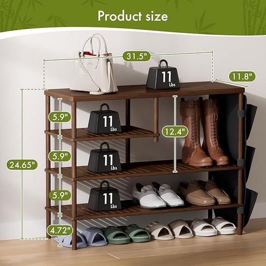Bamboo Shoe Rack, 4 Tiers Shoe Organizer for Closet, Shoes Storage for 20-24 Pairs, Freestanding Shoe Shelf with Removable Pocket for Entryway Bedroom Front Door Dorm, Walnut Brown
