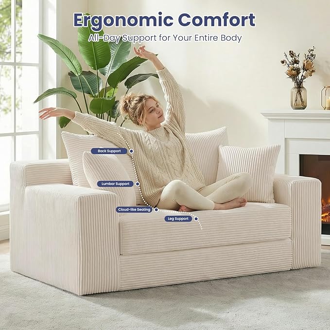 3-in-1 Convertible Sofa Bed: Boneless Loveseat Sleeper & Folding Couch Bed with 4 Pillows & Detachable Cushion for Bedroom, Small Space, Guest and Living Room, Corduroy Futon, No Assembly,Beige