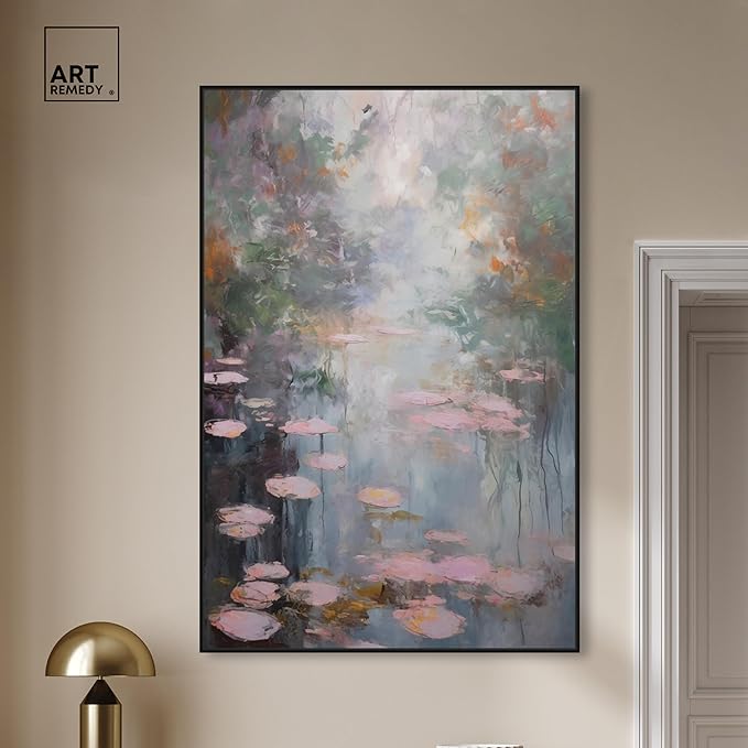 Art Remedy Pink Impressionisty Lilypads Framed Impressionism 1 Piece Canvas Wall Art/Monet And Van Gogh Inspired Art, 37" x 55", Black Frame