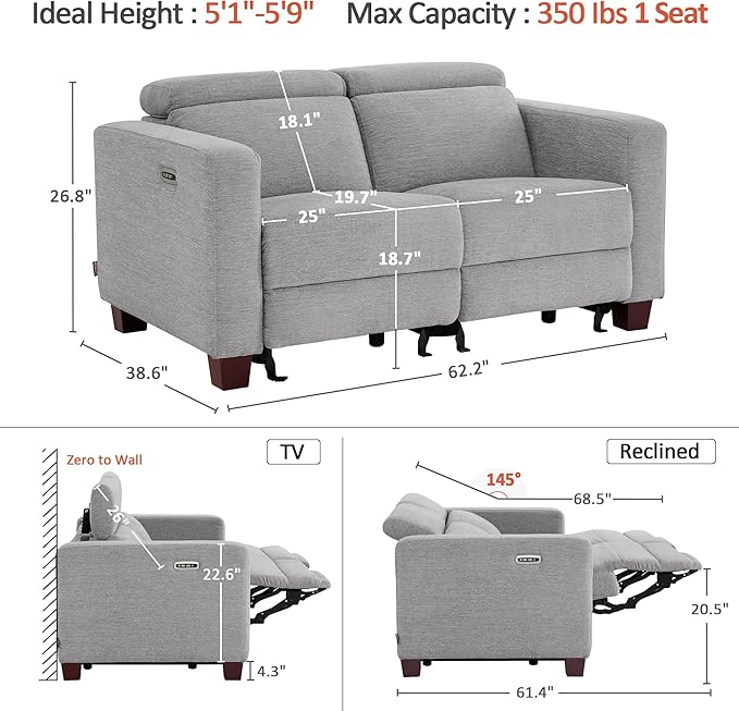MCombo 62.2'' Reclining Loveseat, Wall Hugger Power Loveseat Recliner Sofa with Adjustable Headrest, USB A & C Charge Ports, Wood Legs, for Living Room (Fabric, HL198M1) (Grey)