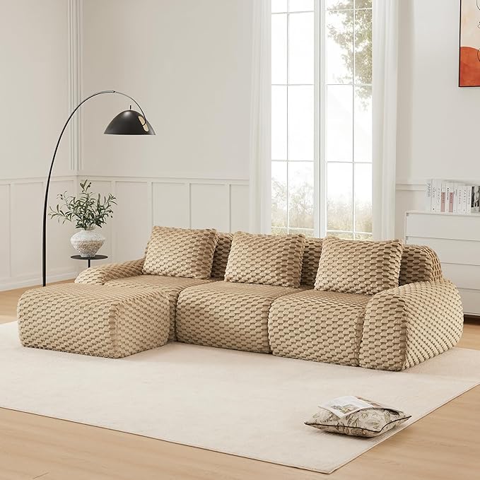 KEIKI 114" Oversized 3-Seater Boneless Couches for Living Room, Flexible Modular Sectional Velvet Sofa L-Shaped, Deep Seat Soft Lounge Couch No Assembly, Modern Comfort Apartment Design,Light Camel