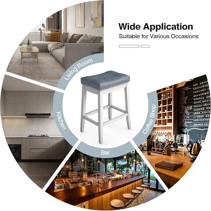 COSTWAY Bar Stools Set of 2, 24-Inch Height Backless Counter Stool with Footrest, Soft Seat Cushion, Wood Legs and Non-Slip Foot Pad, Saddle Stools for Home Kitchen Living Room, Stone Gray+White