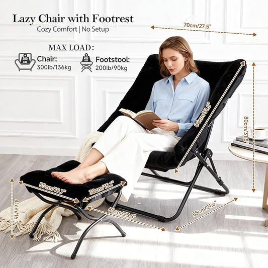 Oversized Folding Faux Fur Chair with Ottoman, X-Large Soft Saucer Chair, Foldable Metal Frame for Bedroom, Living Room, Balcony (Black)