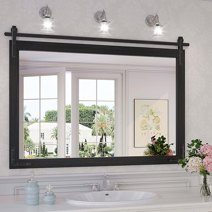 Farmhouse Mirror for Bathroom, 40x30 Inch Black Vanity Mirror for Wall, Wood Framed Rustic Mirror Rectangular Wall Decor Mirrors for Entryway Living Room Bedroom