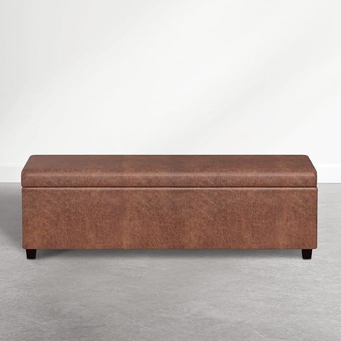 SIMPLIHOME Avalon Storage Ottoman Bench - 54 inch Wide Upholstered Vegan Leather Extra Large Rectangle Ottoman Bench in Distressed Pecan Brown, Contemporary Ottoman for Living Room with Lift-Up Lid