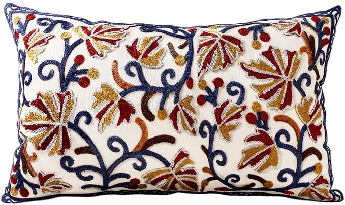 Embroidered Lumbar Pillow Cover - 20x12 Decorative Pillow Cover with Zipper Aesthetic Cute Design Boho Spring Summer Throw Pillowcase for Living Room Couch Sofa Bed, Fall Flower