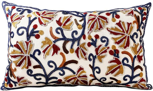 Embroidered Lumbar Pillow Cover - 20x12 Decorative Pillow Cover with Zipper Aesthetic Cute Design Boho Spring Summer Throw Pillowcase for Living Room Couch Sofa Bed, Fall Flower