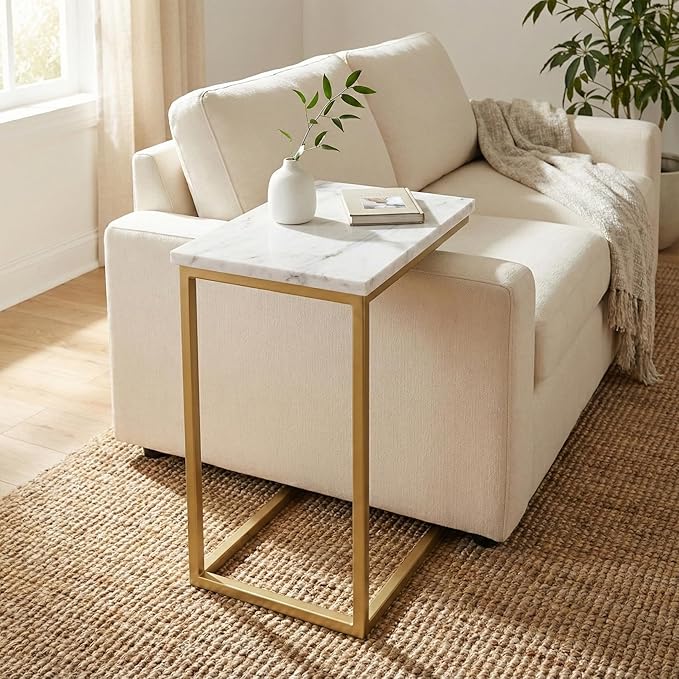 SIMPLIHOME Skyler Metal Table - 18 inch Wide Solid Iron C-Side Table with Genuine White Marble Top in Satin Gold, Contemporary Accent End Table for Living Room or Home Office with Slide-Under Design