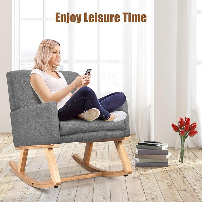 Giantex Upholstered Rocking Chair with Fabric Padded Seat and Solid Wood Base, Comfortable Rocker for Living Room, Bedroom, Study Room, Office Rocking Armchair (Gray)